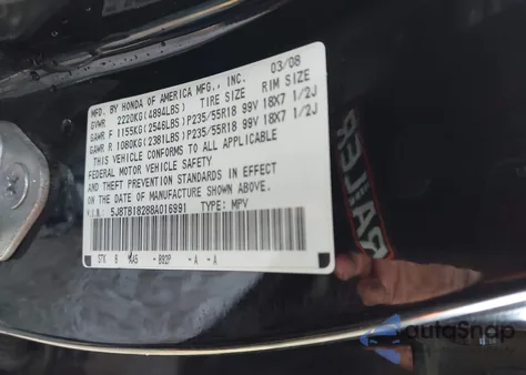 2008 Acura Rdx из США, поврежденный, VIN 5J8TB18288A016991